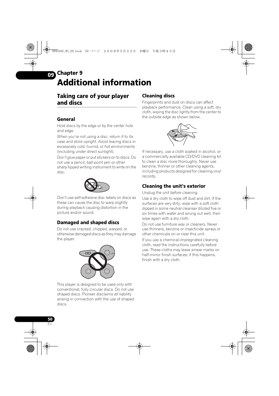 Taking care of your player and discs, Additional information, Chapter 9 | Pioneer DV-610AV-S User Manual | Page 50 / 62