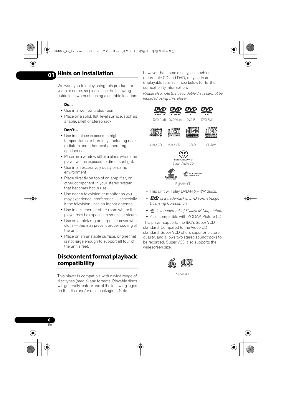 Hints on installation, Disc/content format playback compatibility | Pioneer DV-610AV-S User Manual | Page 6 / 62