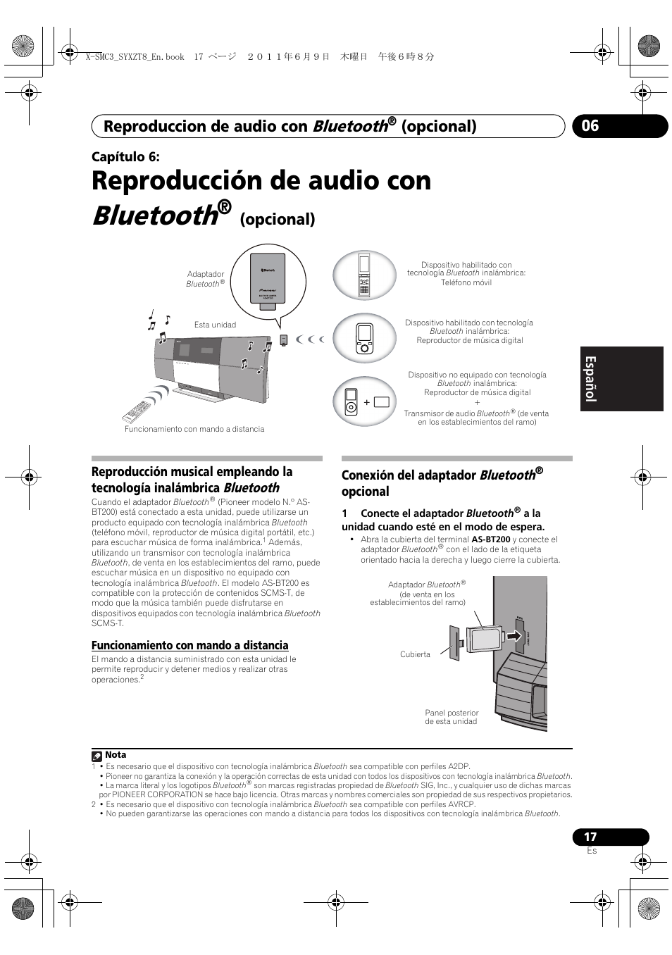 06 reproducción de audio con, Bluetooth, Opcional) | Funcionamiento con mando a distancia, Conexión del adaptador bluetooth ® opcional, Reproducción de audio con, Reproduccion de audio con, Opcional) 06, English français español capítulo 6, Conexión del adaptador bluetooth | Pioneer X-SMC3-K User Manual | Page 101 / 132