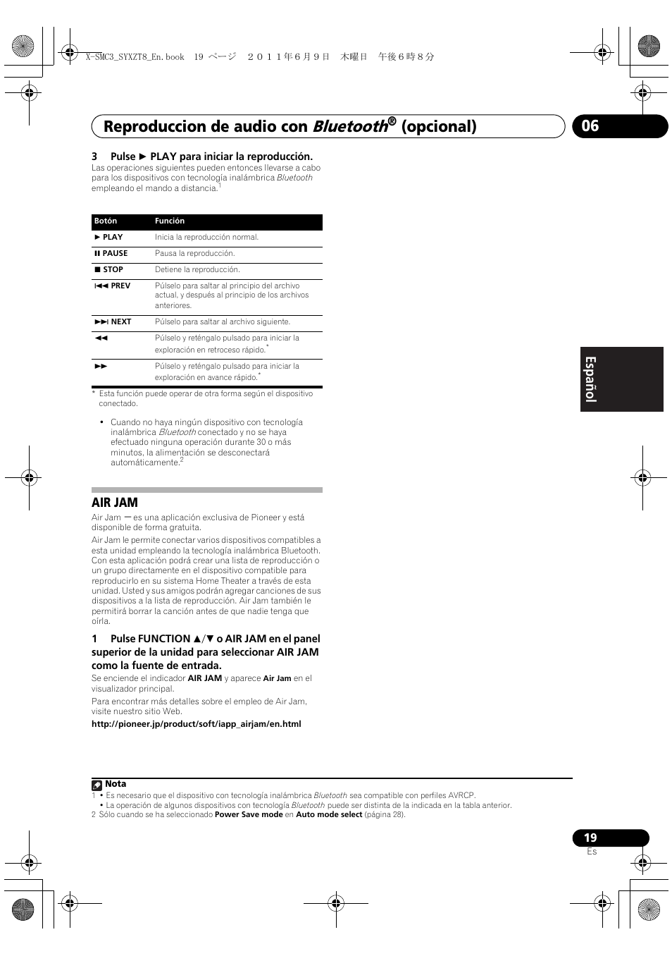 Air jam, Bluetooth, Reproduccion de audio con | Opcional) 06, English français español | Pioneer X-SMC3-K User Manual | Page 103 / 132