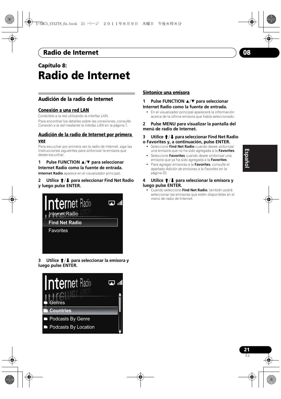 08 radio de internet, Audición de la radio de internet, Radio de internet | Radio de internet 08, English français español capítulo 8 | Pioneer X-SMC3-K User Manual | Page 105 / 132