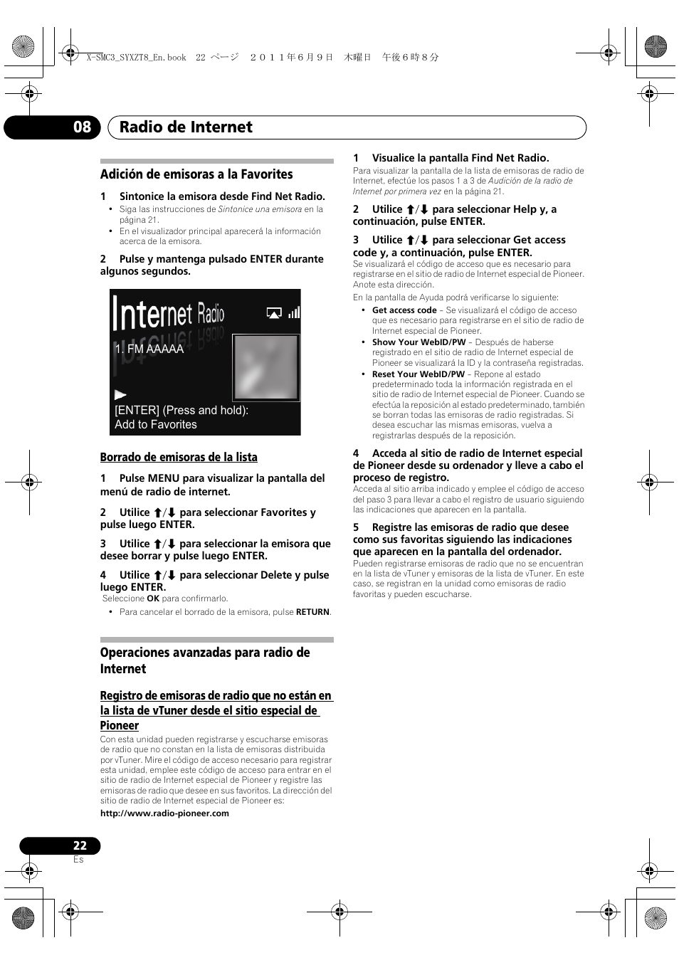 Adición de emisoras a la favorites, Borrado de emisoras de la lista, Operaciones avanzadas para radio de internet | Radio de internet 08 | Pioneer X-SMC3-K User Manual | Page 106 / 132