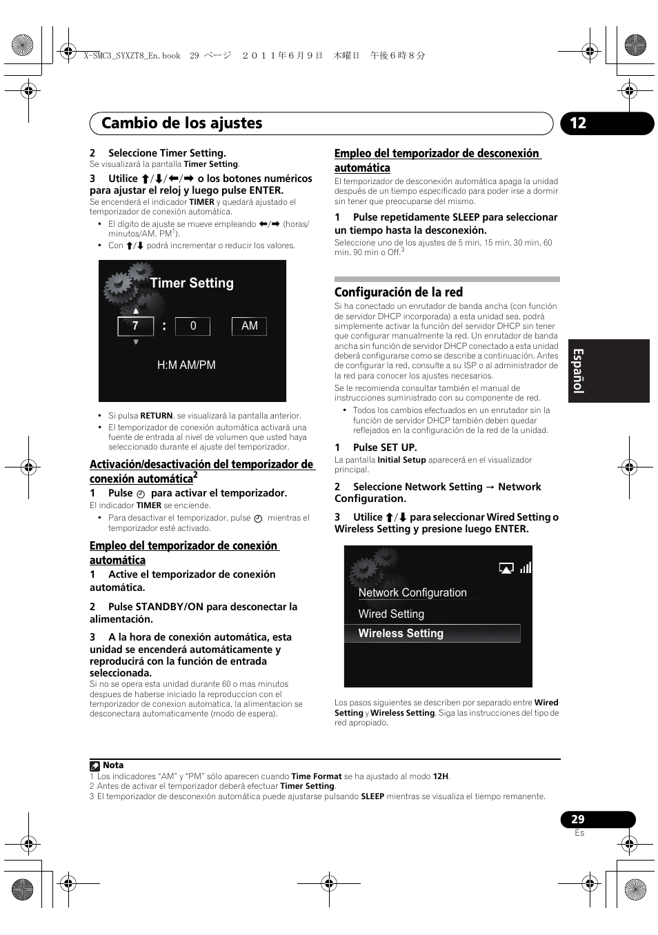 Configuración de la red, Cambio de los ajustes 12, Timer setting | English français español | Pioneer X-SMC3-K User Manual | Page 113 / 132
