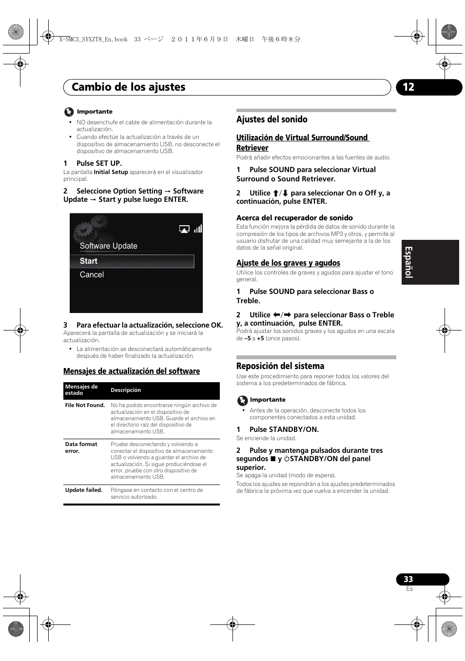 Mensajes de actualización del software, Ajustes del sonido, Reposición del sistema | Cambio de los ajustes 12, English français español | Pioneer X-SMC3-K User Manual | Page 117 / 132