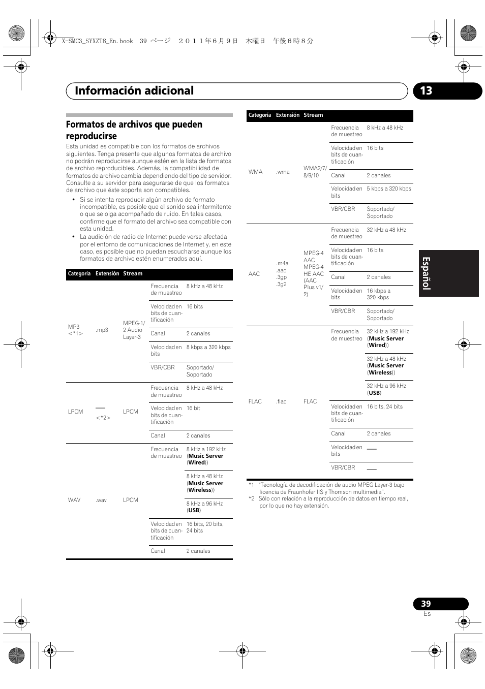 Formatos de archivos que pueden reproducirse, Información adicional 13 | Pioneer X-SMC3-K User Manual | Page 123 / 132