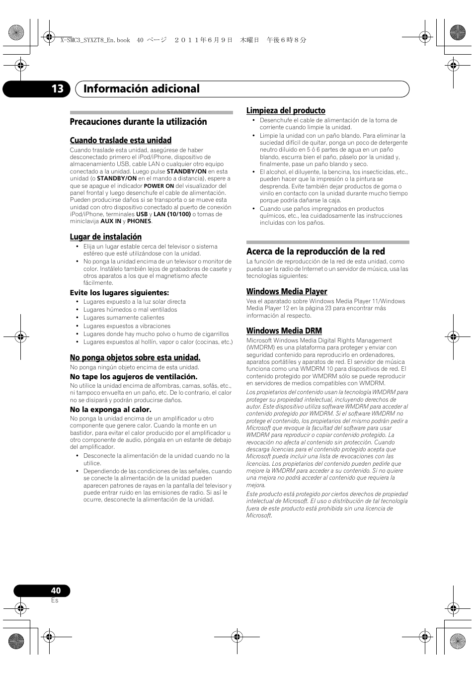 Información adicional 13, Precauciones durante la utilización, Acerca de la reproducción de la red | Pioneer X-SMC3-K User Manual | Page 124 / 132