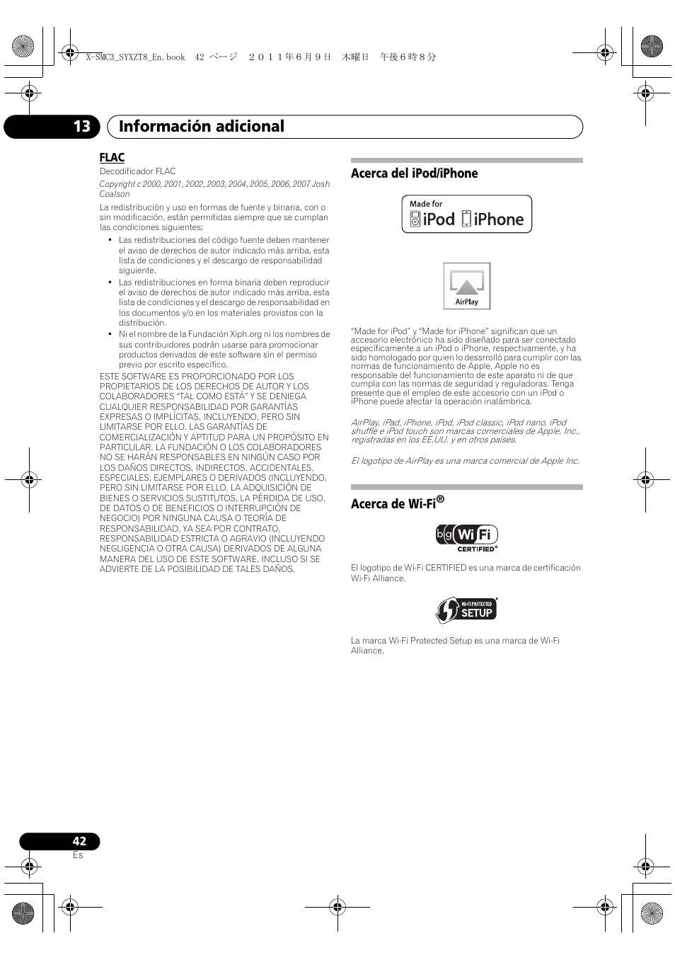 Acerca del ipod/iphone acerca de wi-fi, Información adicional 13, Acerca del ipod/iphone | Acerca de wi-fi | Pioneer X-SMC3-K User Manual | Page 126 / 132