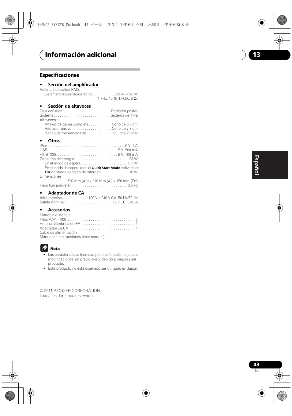 Especificaciones, Información adicional 13, English français español especificaciones | Pioneer X-SMC3-K User Manual | Page 127 / 132