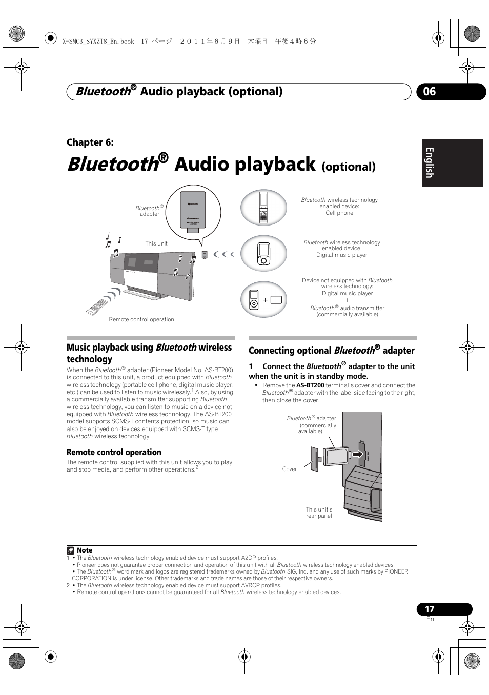 06 bluetooth, Audio playback (optional), Music playback using bluetooth wireless technology | Remote control operation, Connecting optional bluetooth ® adapter, Audio playback, Bluetooth, Audio playback (optional) 06, Optional), English français español chapter 6 | Pioneer X-SMC3-K User Manual | Page 17 / 132