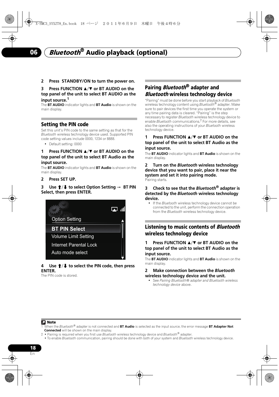 Bluetooth, Audio playback (optional) 06, Setting the pin code | Pairing bluetooth, Adapter and bluetooth wireless technology device, Bt pin select | Pioneer X-SMC3-K User Manual | Page 18 / 132