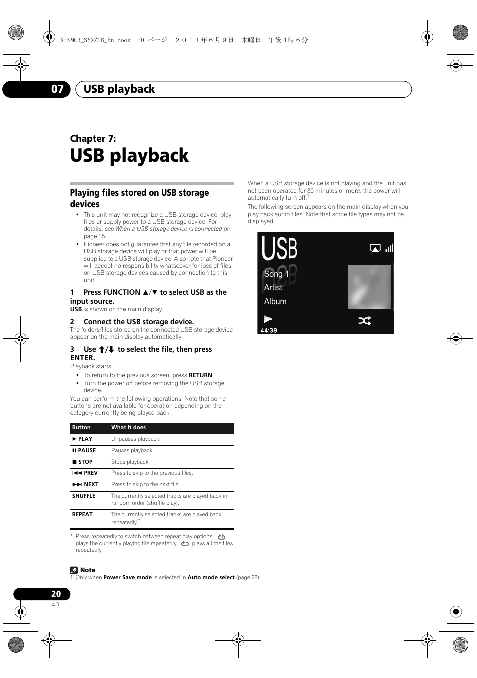 07 usb playback, Playing files stored on usb storage devices, Usb playback | Usb playback 07, Chapter 7, Song 1 artist album | Pioneer X-SMC3-K User Manual | Page 20 / 132