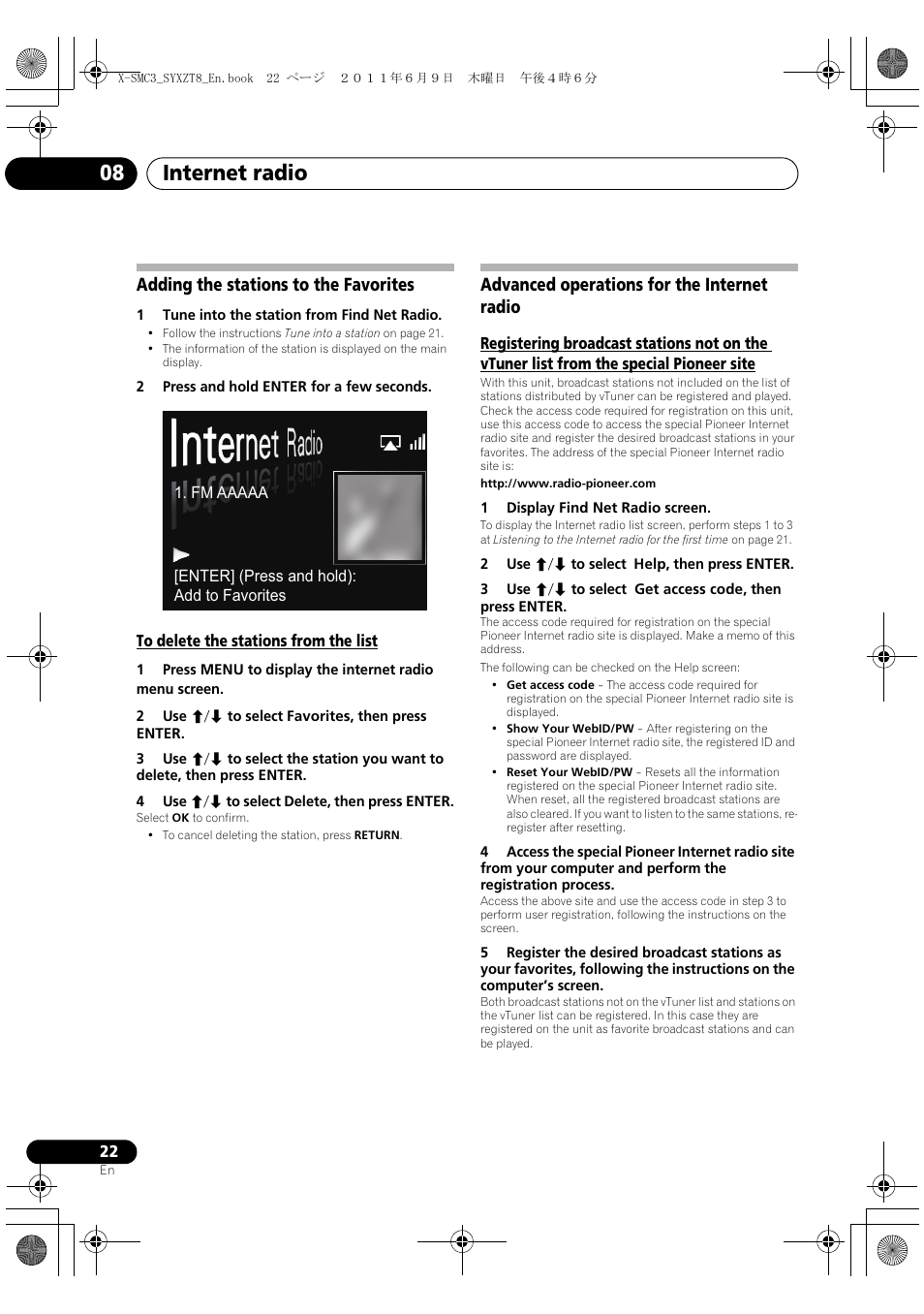 Adding the stations to the favorites, To delete the stations from the list, Advanced operations for the internet radio | Internet radio 08 | Pioneer X-SMC3-K User Manual | Page 22 / 132