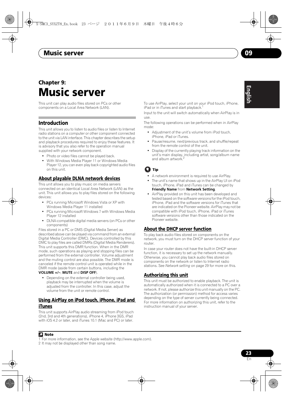 09 music server, Introduction, Music server | Music server 09, English français español chapter 9 | Pioneer X-SMC3-K User Manual | Page 23 / 132