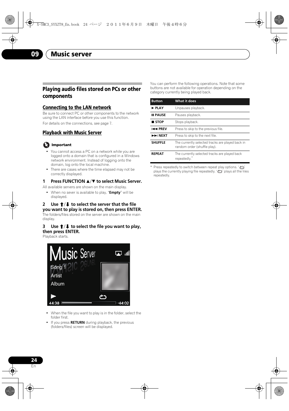 Music server 09, Connecting to the lan network, Playback with music server | Song 1 artist album | Pioneer X-SMC3-K User Manual | Page 24 / 132