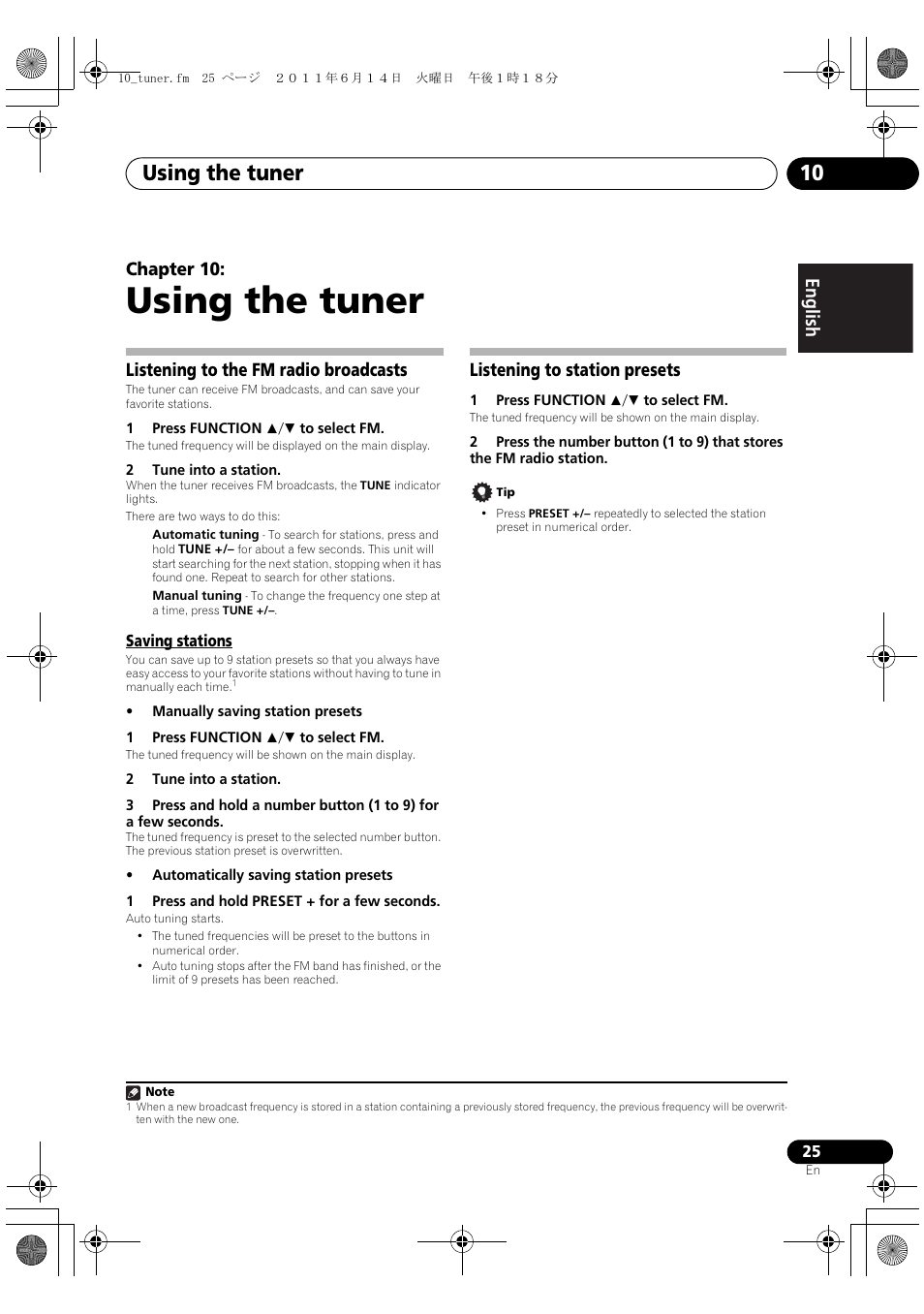 10 using the tuner, Listening to the fm radio broadcasts, Saving stations | Listening to station presets, Using the tuner, Using the tuner 10, English français español chapter 10 | Pioneer X-SMC3-K User Manual | Page 25 / 132