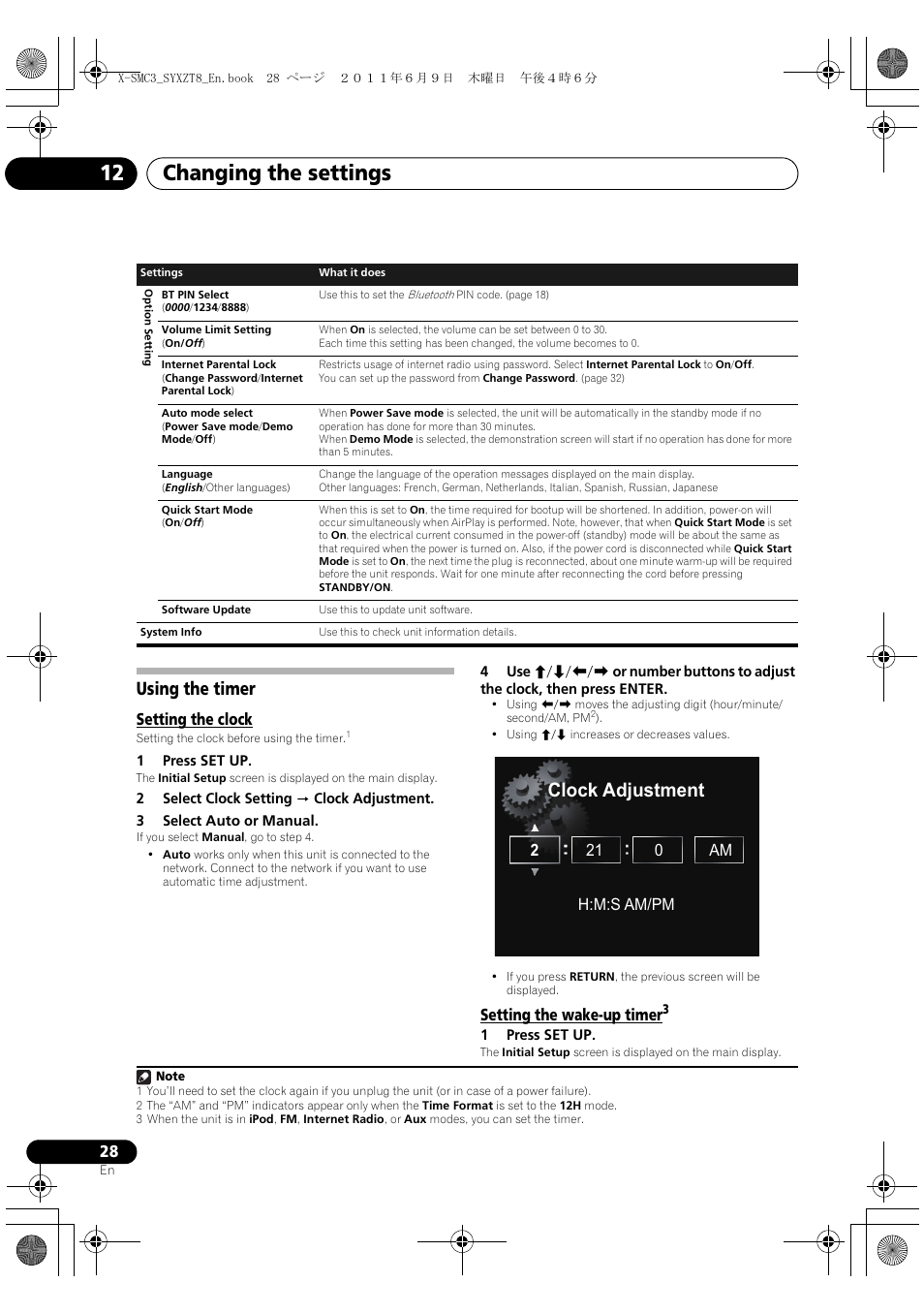12 changing the settings, Using the timer, Setting the clock setting the wake-up timer | Changing the settings 12, Clock adjustment, Setting the clock, Setting the wake-up timer, 2 21 0 am h:m:s am/pm | Pioneer X-SMC3-K User Manual | Page 28 / 132