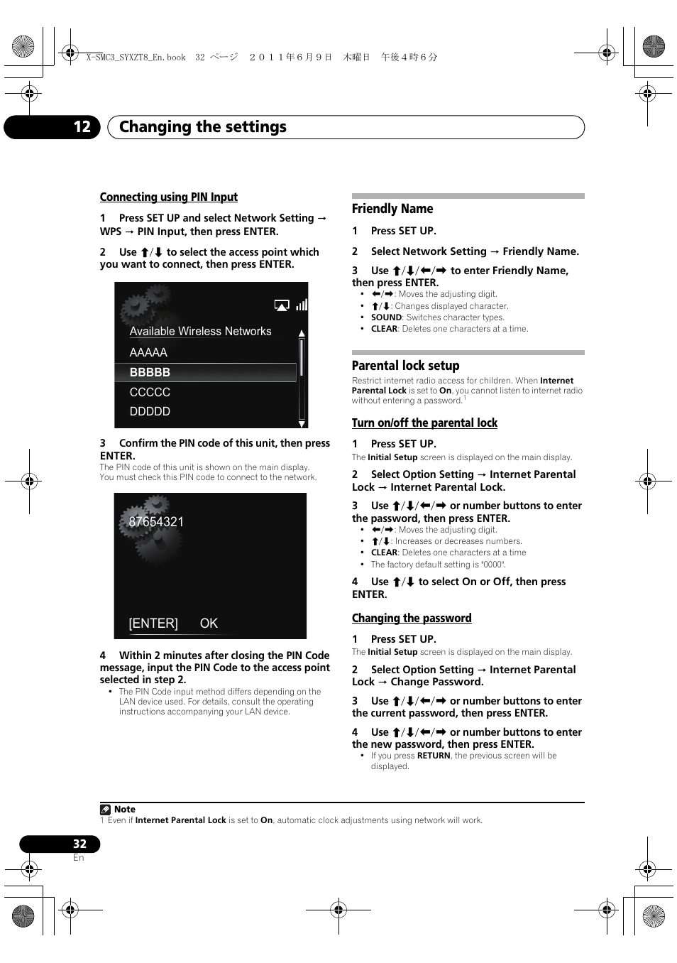 Connecting using pin input, Friendly name parental lock setup, Changing the settings 12 | Friendly name, Parental lock setup | Pioneer X-SMC3-K User Manual | Page 32 / 132