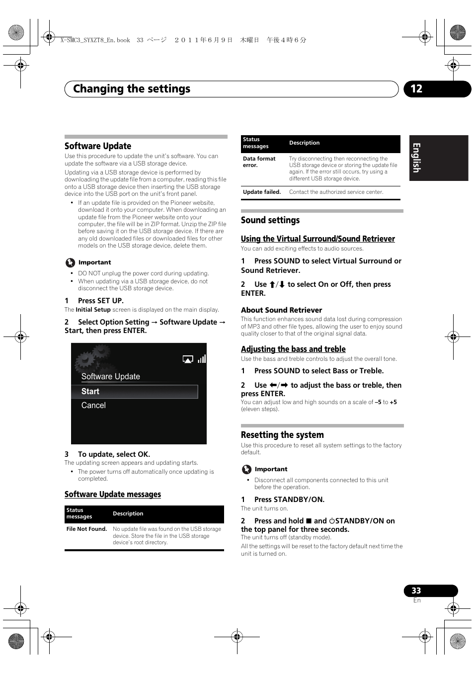 Software update, Software update messages, Sound settings | Resetting the system, Changing the settings 12, English français español software update | Pioneer X-SMC3-K User Manual | Page 33 / 132