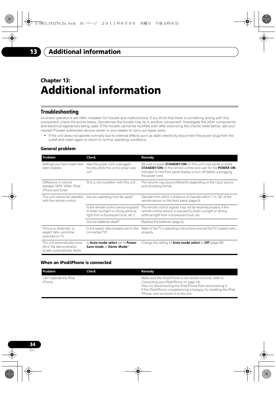 13 additional information, Troubleshooting, Additional information | Additional information 13, Chapter 13 | Pioneer X-SMC3-K User Manual | Page 34 / 132