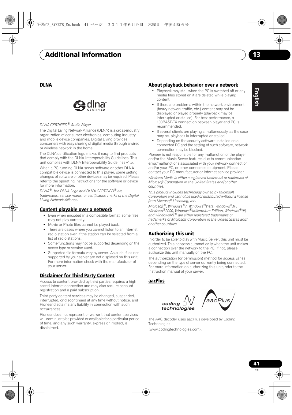 Additional information 13, English français español, Dlna | Content playable over a network, Disclaimer for third party content, About playback behavior over a network, Authorizing this unit, Aacplus | Pioneer X-SMC3-K User Manual | Page 41 / 132
