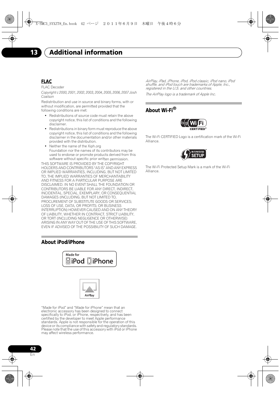 About ipod/iphone about wi-fi, Additional information 13, About ipod/iphone | About wi-fi | Pioneer X-SMC3-K User Manual | Page 42 / 132