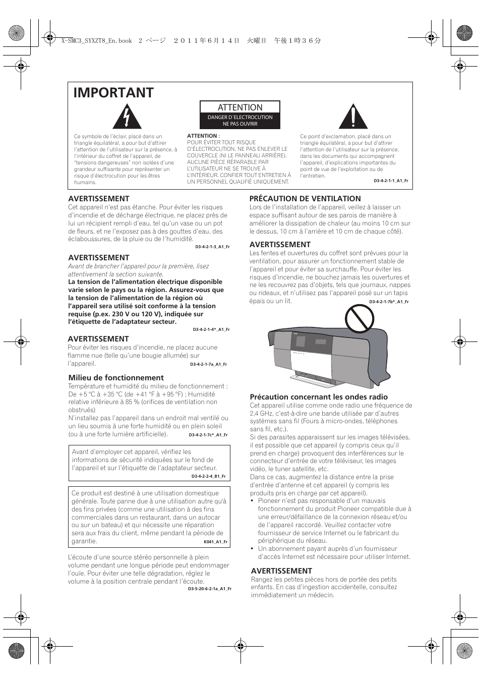 Important, Attention | Pioneer X-SMC3-K User Manual | Page 44 / 132