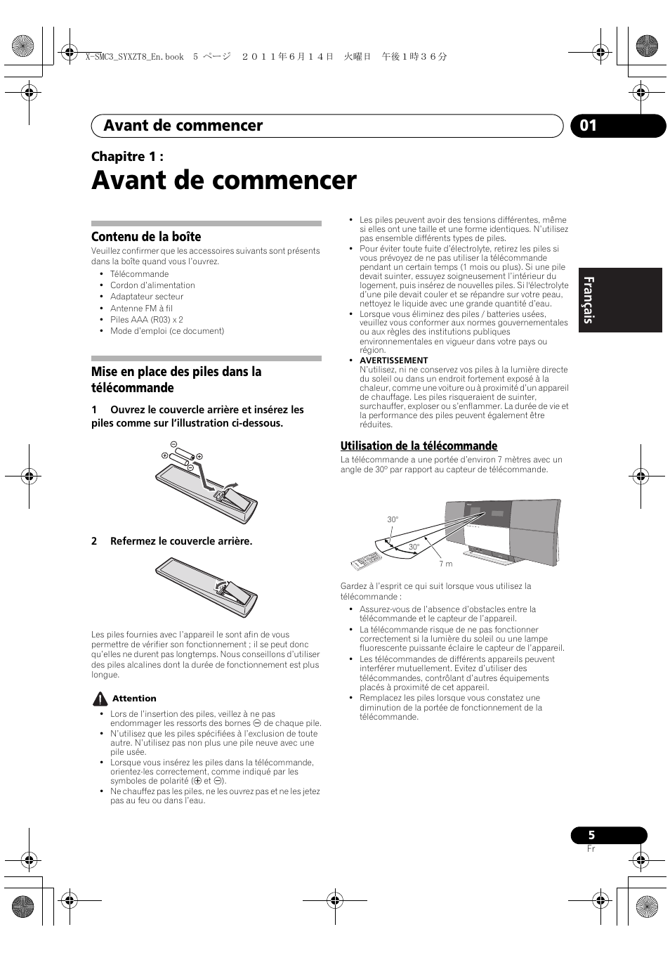 01 avant de commencer, Utilisation de la télécommande, Avant de commencer | Avant de commencer 01, English français español chapitre 1, Contenu de la boîte, Mise en place des piles dans la télécommande | Pioneer X-SMC3-K User Manual | Page 47 / 132