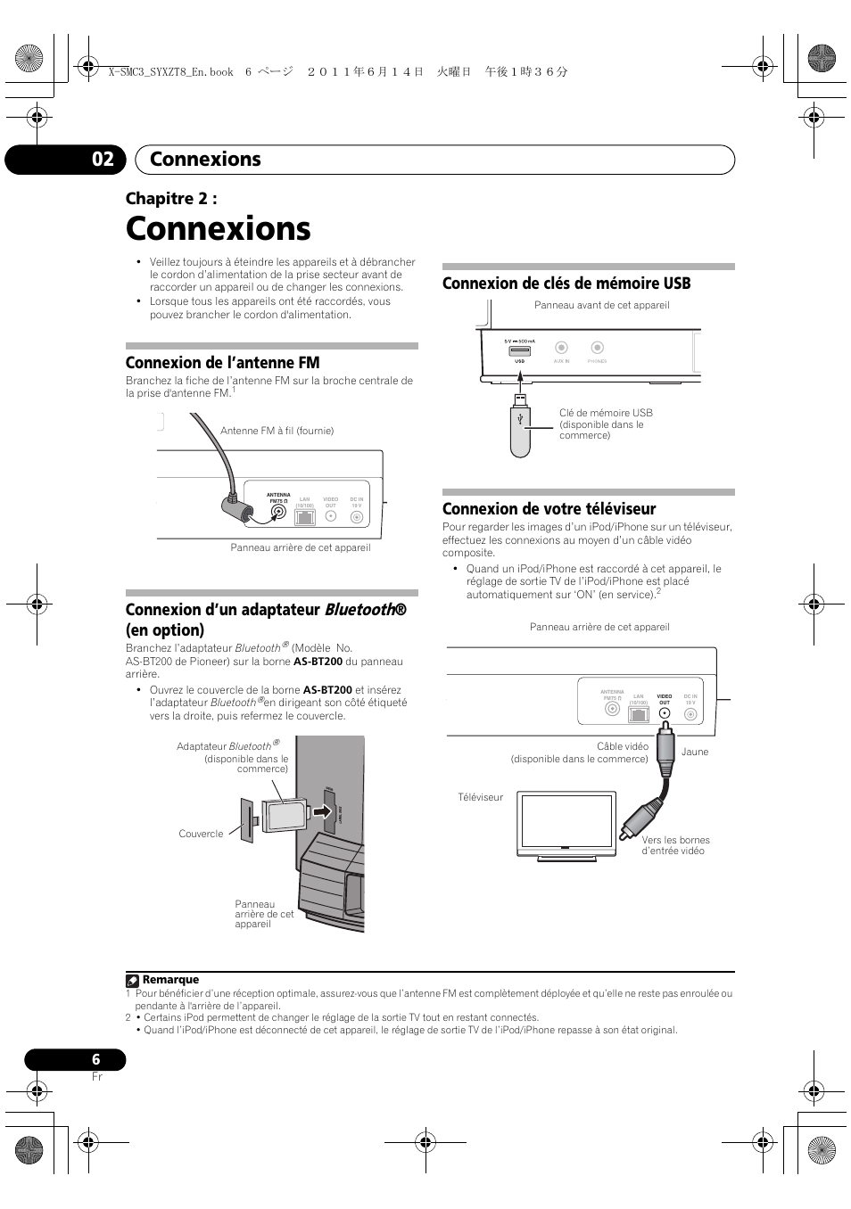 02 connexions, Connexions, Connexions 02 | Chapitre 2, Connexion de l’antenne fm, Connexion d’un adaptateur bluetooth® (en option) | Pioneer X-SMC3-K User Manual | Page 48 / 132