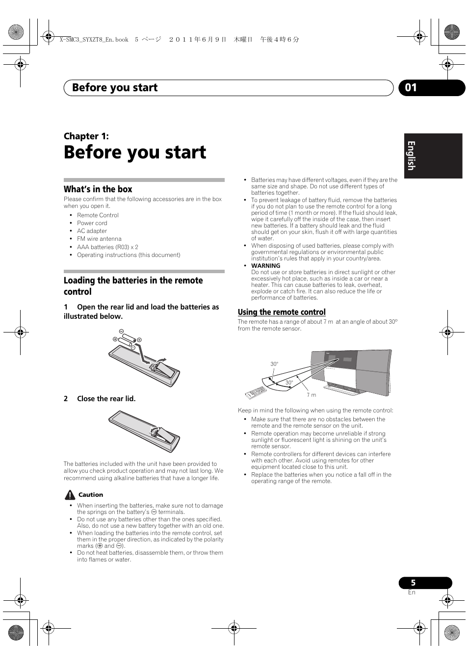 01 before you start, Using the remote control, Before you start | Before you start 01, English français español chapter 1, What’s in the box, Loading the batteries in the remote control | Pioneer X-SMC3-K User Manual | Page 5 / 132