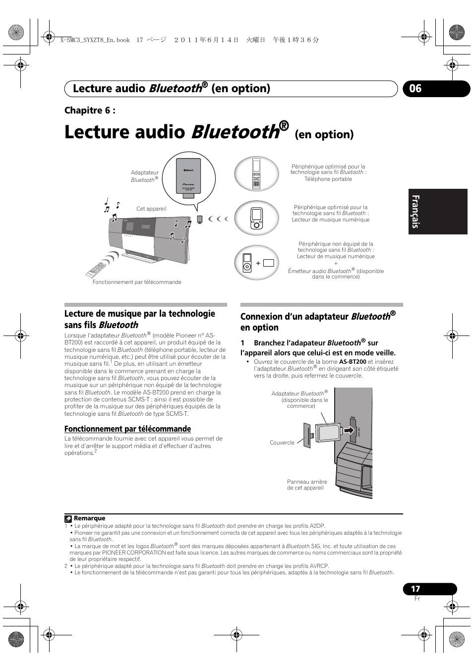 06 lecture audio, Bluetooth, En option) | Fonctionnement par télécommande, Connexion d’un adaptateur bluetooth ® en option, Lecture audio, En option) 06, English français español chapitre 6, Connexion d’un adaptateur bluetooth, En option | Pioneer X-SMC3-K User Manual | Page 59 / 132