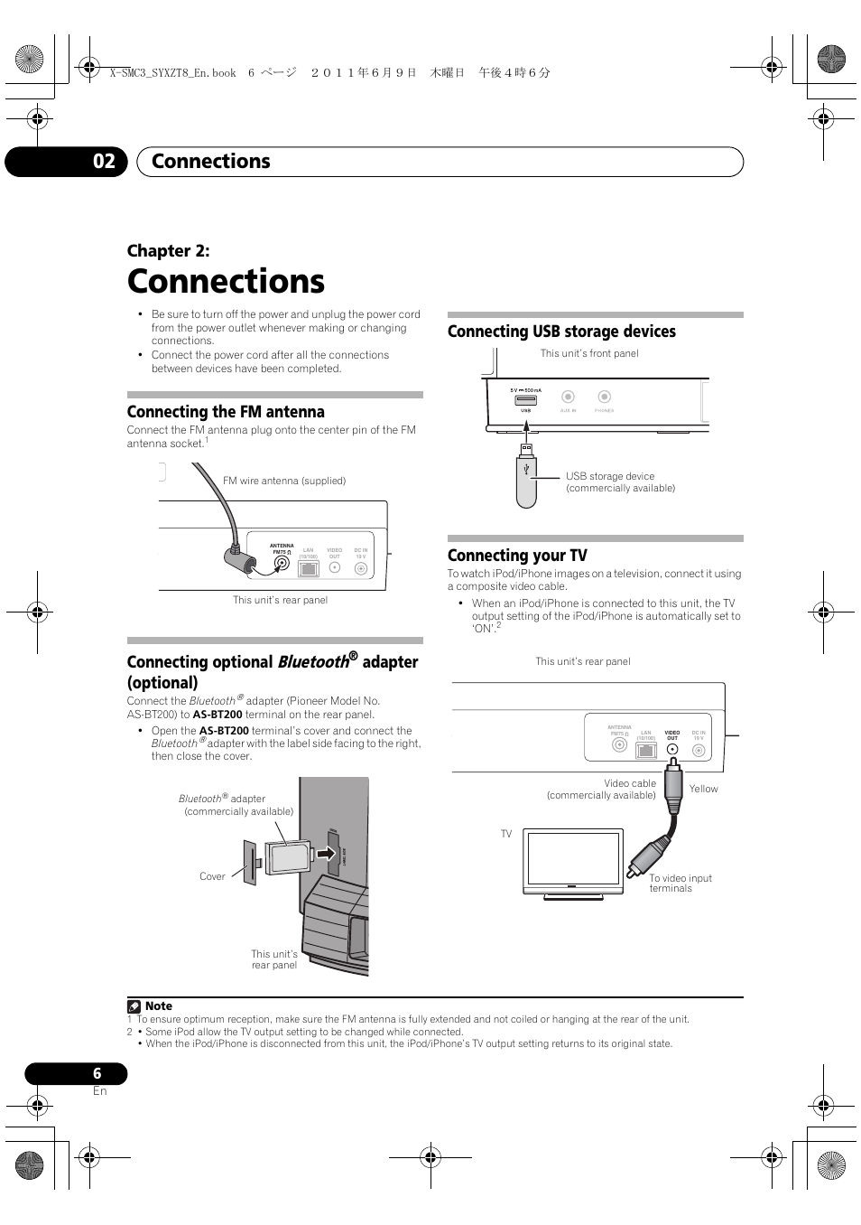 02 connections, Connections, Connections 02 | Chapter 2, Connecting the fm antenna, Connecting optional bluetooth, Adapter (optional), Connecting usb storage devices connecting your tv | Pioneer X-SMC3-K User Manual | Page 6 / 132