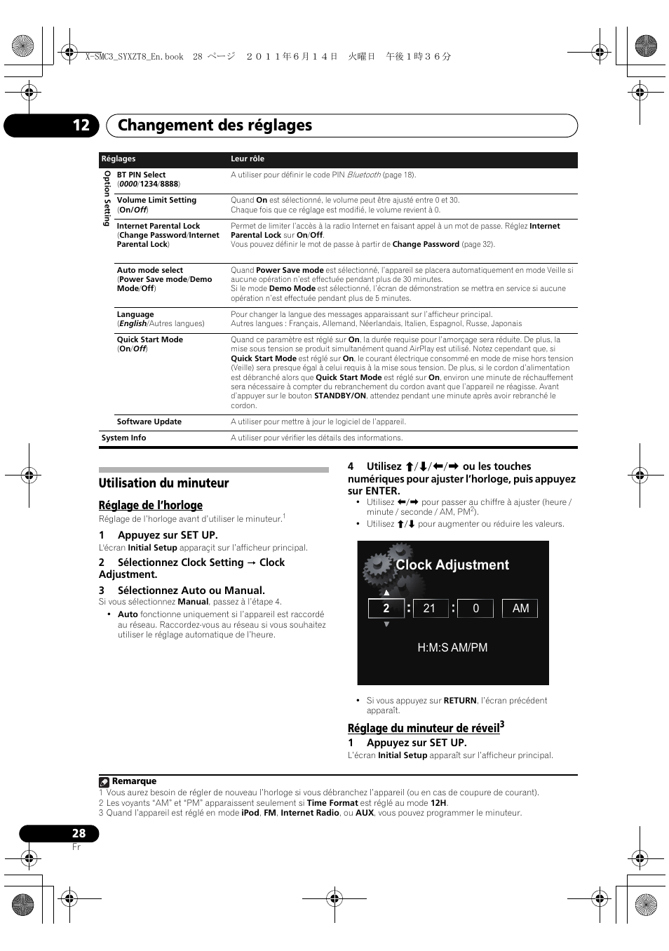 12 changement des réglages, Utilisation du minuteur, Réglage de l’horloge réglage du minuteur de réveil | Changement des réglages 12, Clock adjustment, Réglage de l’horloge, Réglage du minuteur de réveil, 2 21 0 am h:m:s am/pm | Pioneer X-SMC3-K User Manual | Page 70 / 132