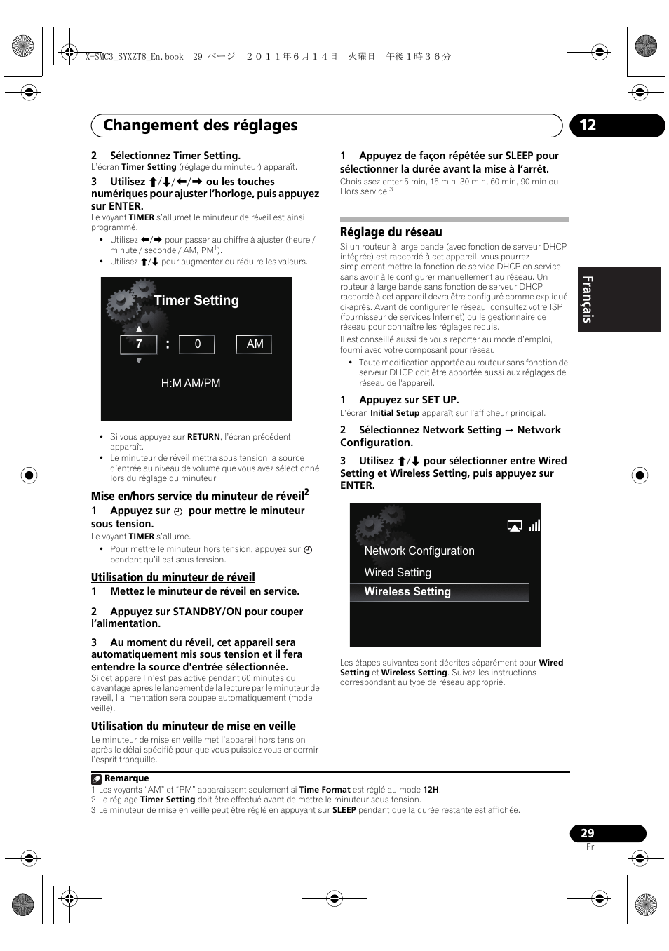 Réglage du réseau, Changement des réglages 12, Timer setting | English français español | Pioneer X-SMC3-K User Manual | Page 71 / 132