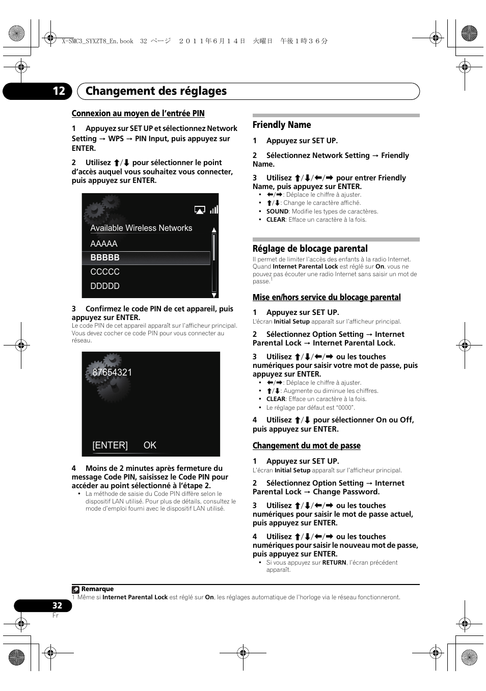 Connexion au moyen de l’entrée pin, Friendly name réglage de blocage parental, Changement des réglages 12 | Friendly name, Réglage de blocage parental | Pioneer X-SMC3-K User Manual | Page 74 / 132