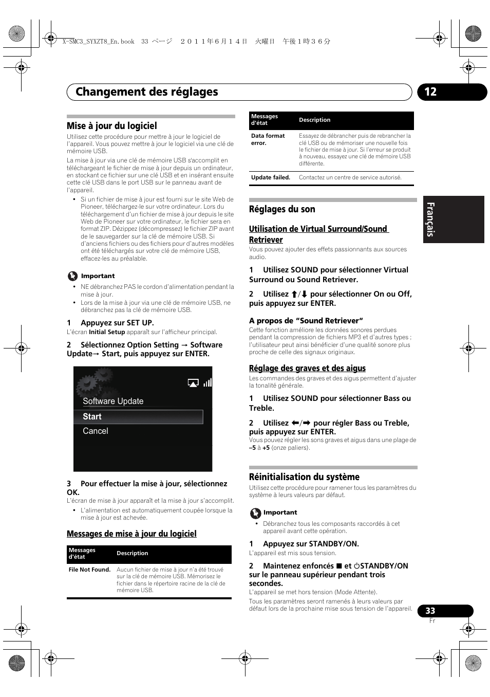 Mise à jour du logiciel, Messages de mise à jour du logiciel, Réglages du son | Réinitialisation du système, Changement des réglages 12, English français español mise à jour du logiciel | Pioneer X-SMC3-K User Manual | Page 75 / 132