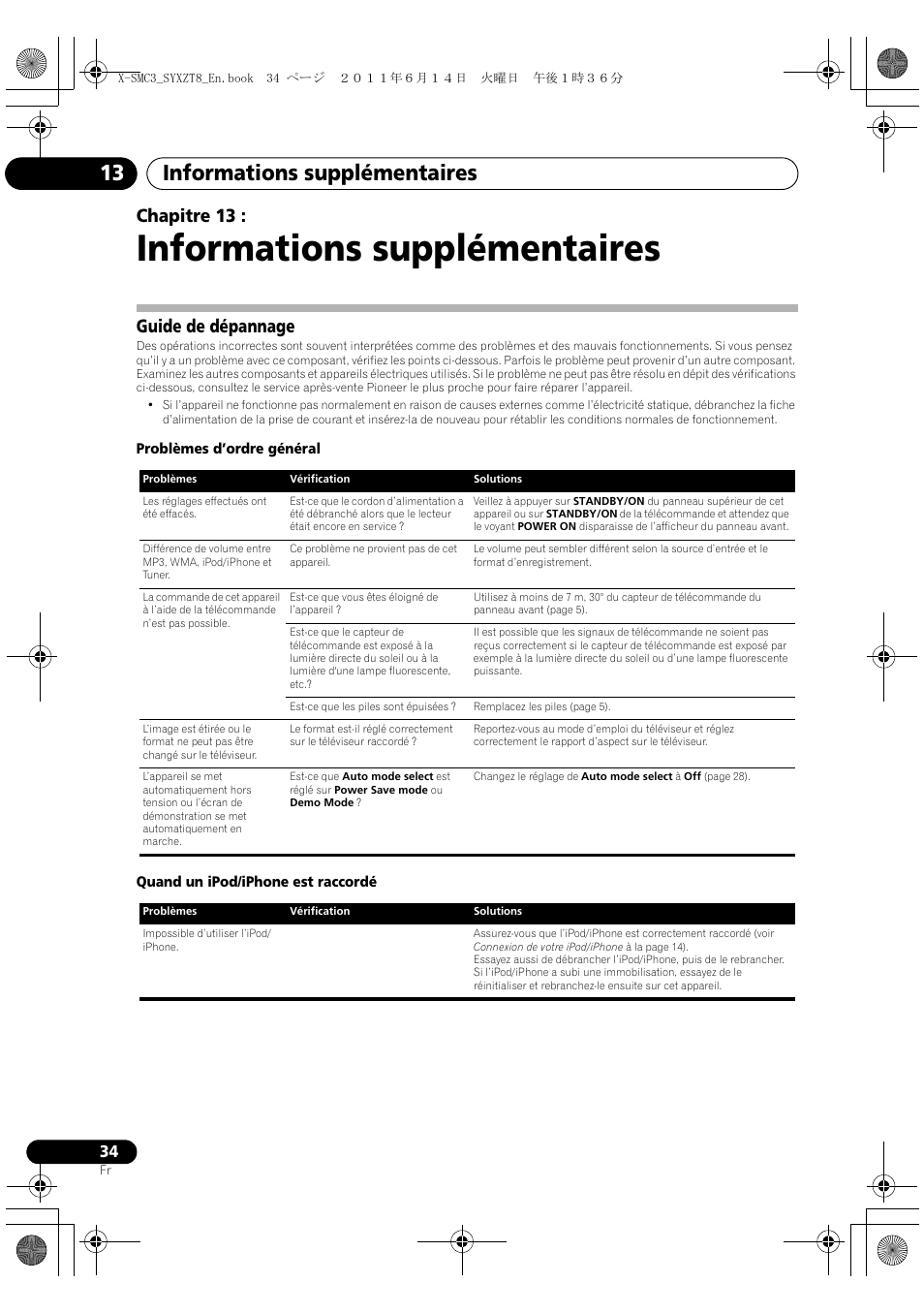 13 informations supplémentaires, Guide de dépannage, Informations supplémentaires | Informations supplémentaires 13, Chapitre 13 | Pioneer X-SMC3-K User Manual | Page 76 / 132