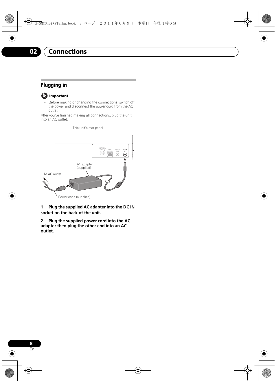 Plugging in, Connections 02 | Pioneer X-SMC3-K User Manual | Page 8 / 132