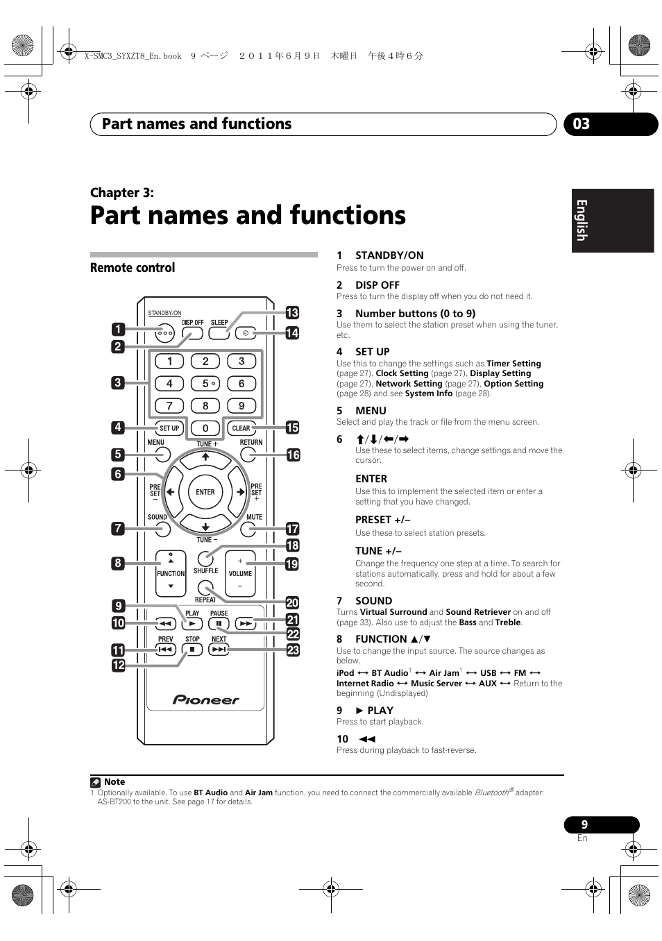 03 part names and functions, Remote control, Part names and functions | Part names and functions 03, English français español chapter 3 | Pioneer X-SMC3-K User Manual | Page 9 / 132