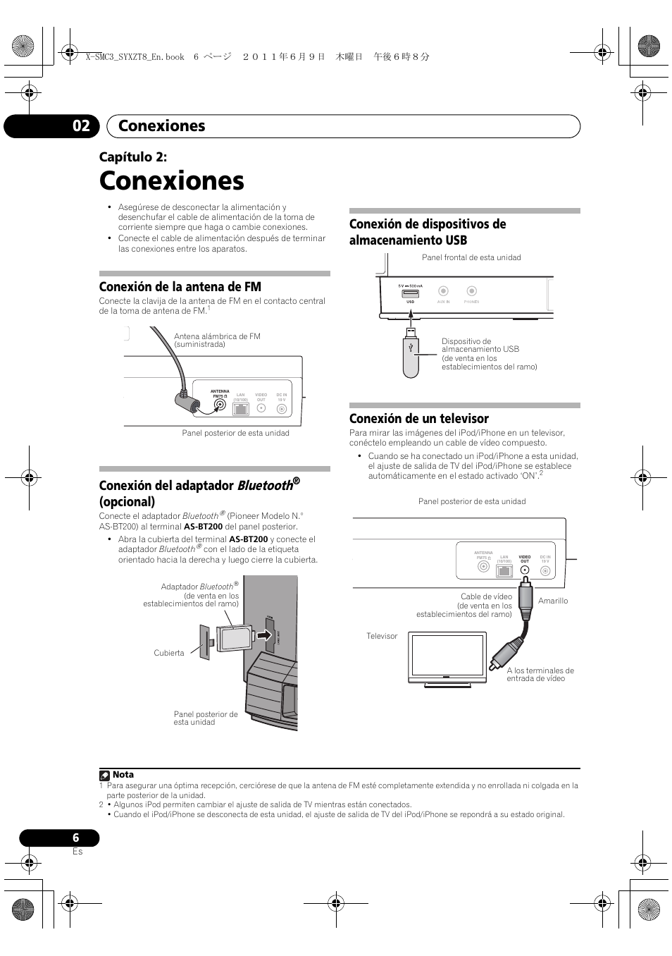 02 conexiones, Conexiones, Conexiones 02 | Capítulo 2, Conexión de la antena de fm, Conexión del adaptador bluetooth, Opcional) | Pioneer X-SMC3-K User Manual | Page 90 / 132