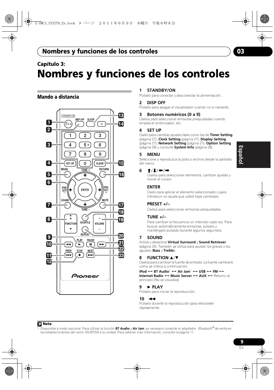 03 nombres y funciones de los controles, Mando a distancia, Nombres y funciones de los controles | Nombres y funciones de los controles 03, English français español capítulo 3 | Pioneer X-SMC3-K User Manual | Page 93 / 132