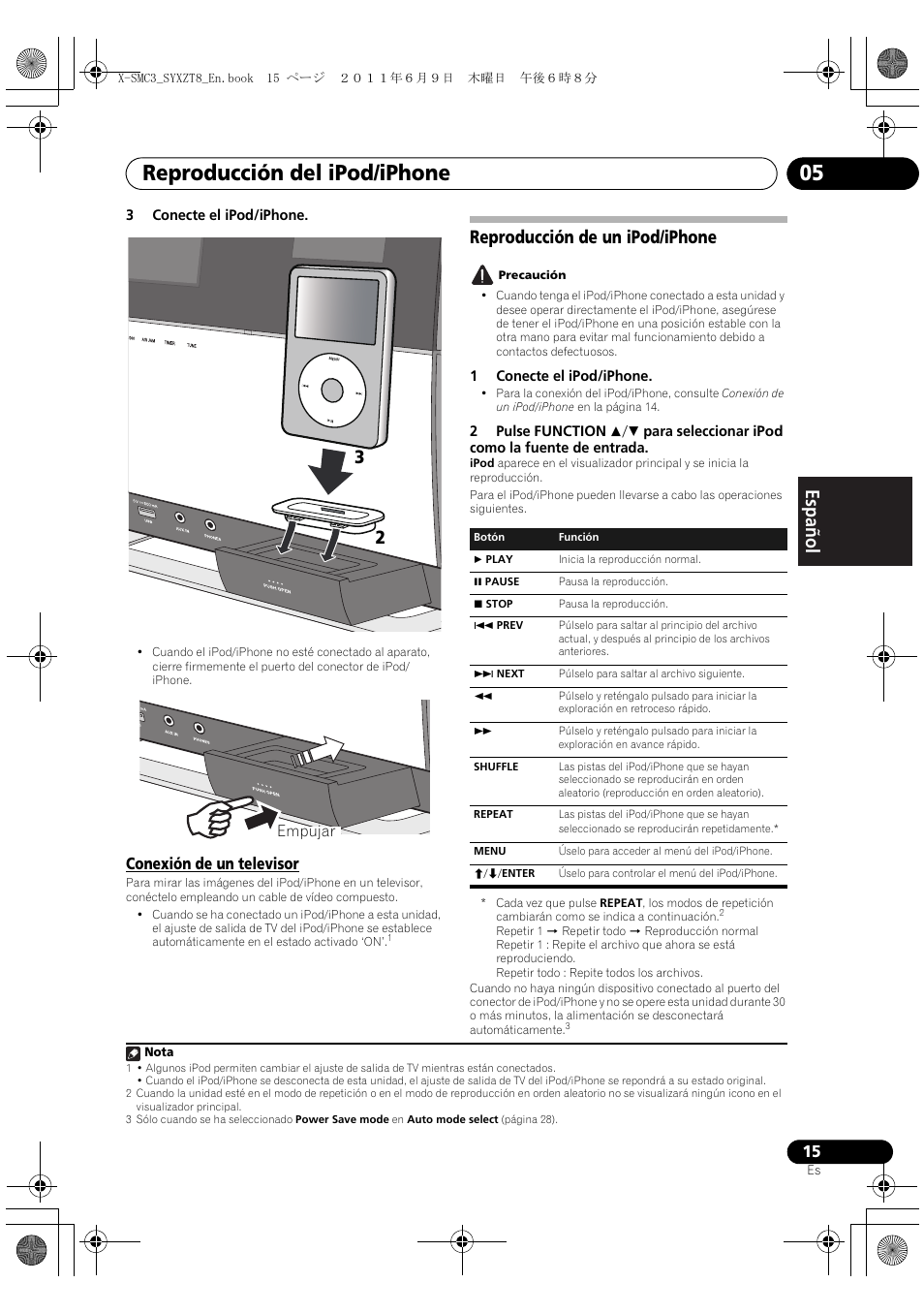 Conexión de un televisor, Reproducción de un ipod/iphone, Reproducción del ipod/iphone 05 | English français español, Empujar | Pioneer X-SMC3-K User Manual | Page 99 / 132