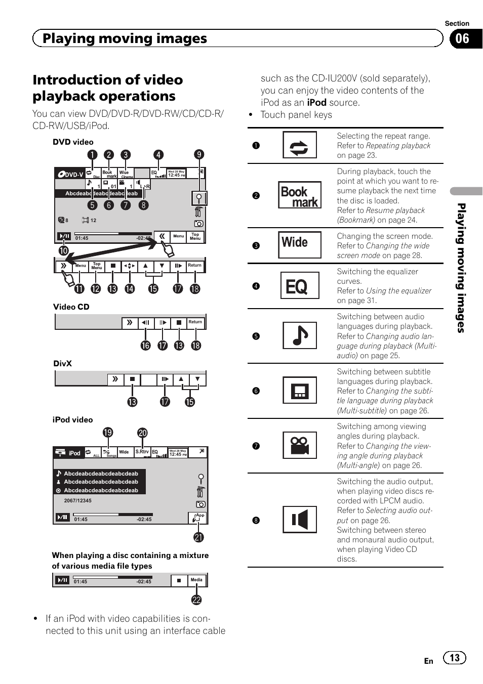 Operations, Introduction of video playback operations, Playing moving images | Pioneer AVH-2300DVD User Manual | Page 13 / 64