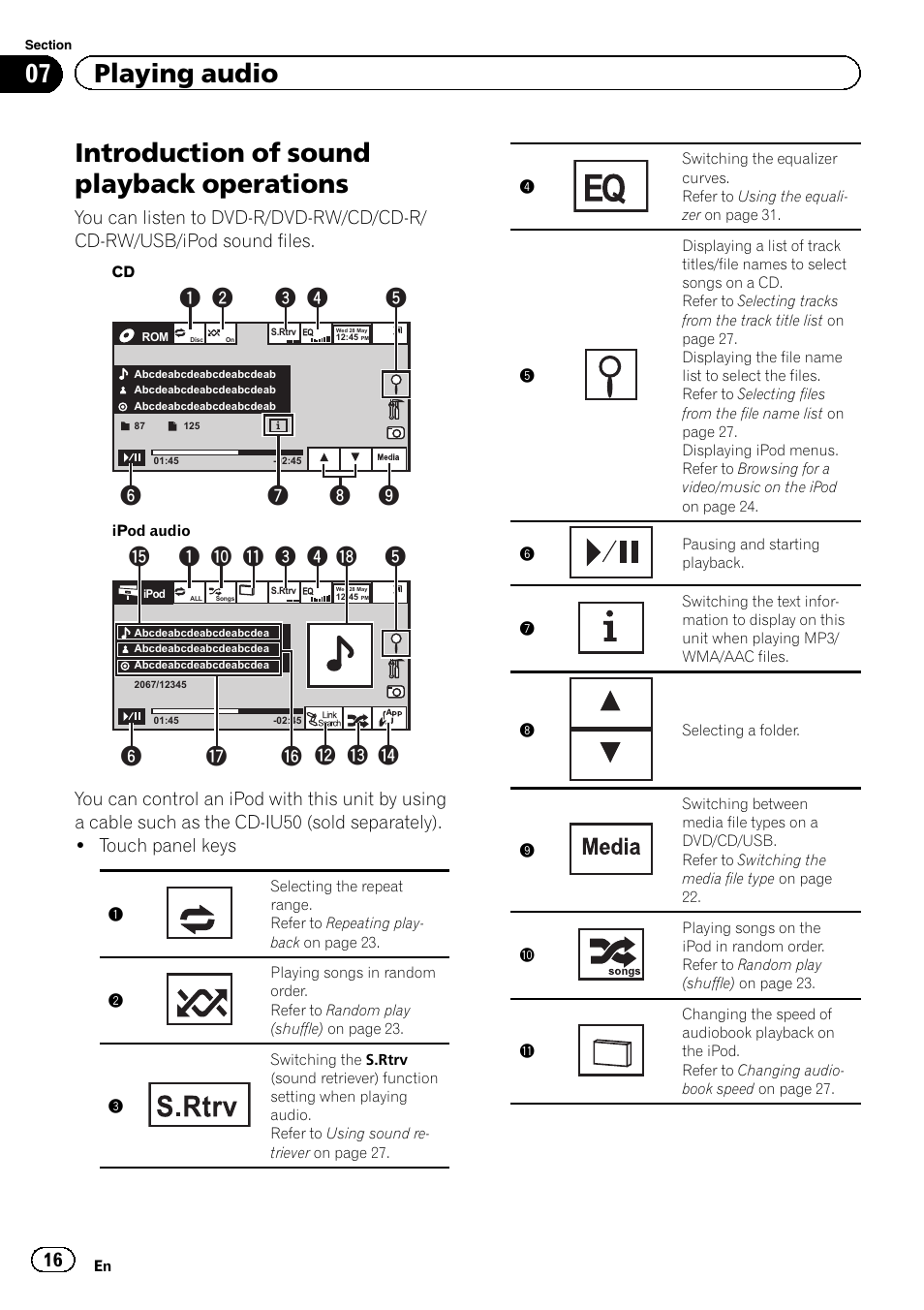 Playing audio introduction of sound playback, Operations, Introduction of sound playback operations | 07 playing audio | Pioneer AVH-2300DVD User Manual | Page 16 / 64