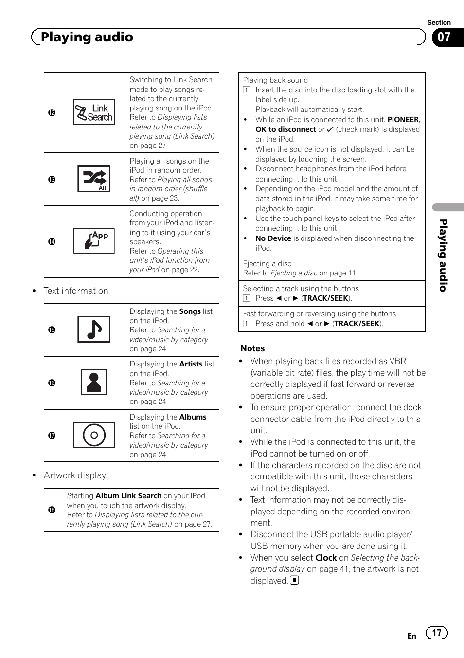 Playing audio | Pioneer AVH-2300DVD User Manual | Page 17 / 64