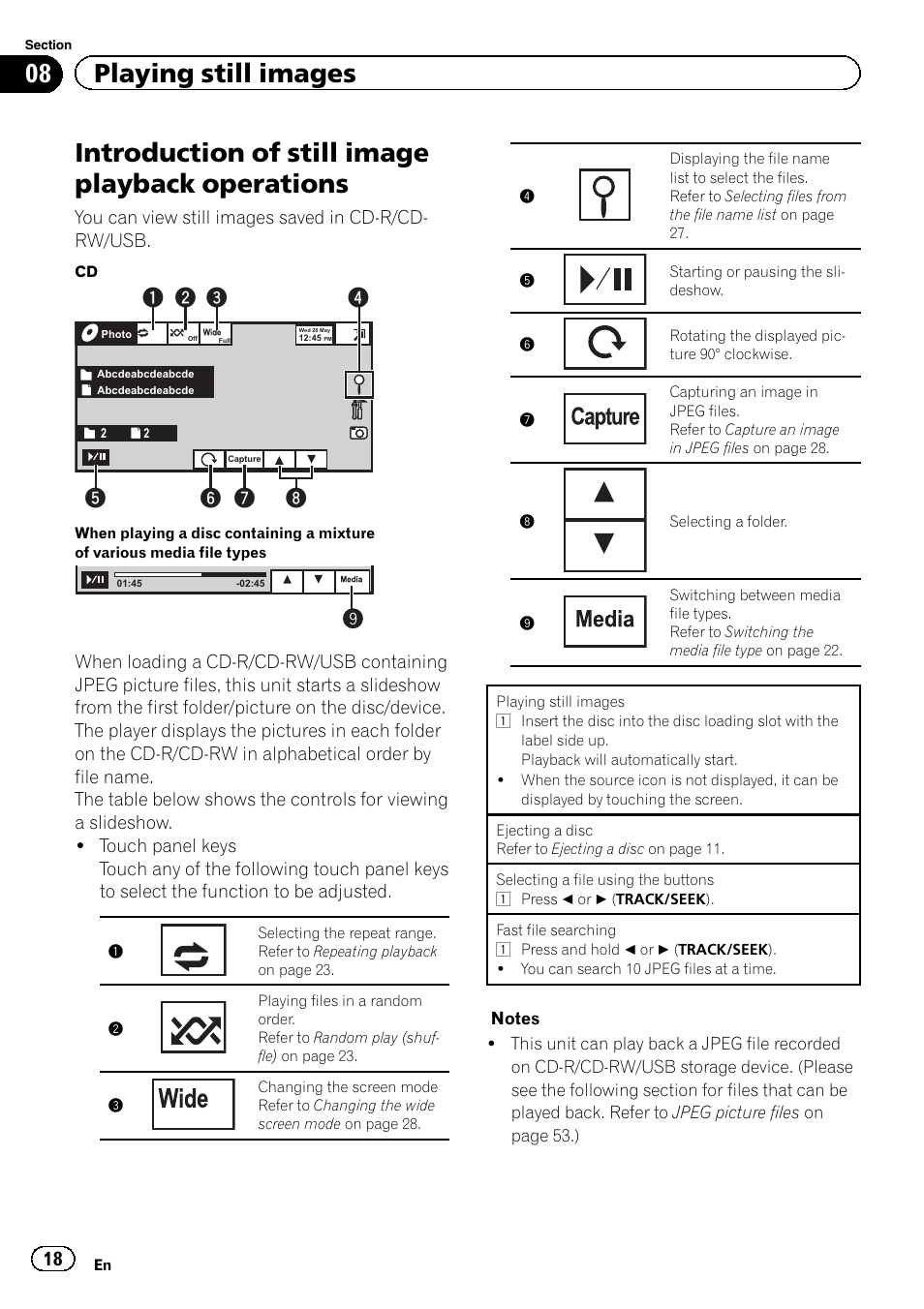 Operations, Introduction of still image playback operations, 08 playing still images | You can view still images saved in cd-r/cd- rw/usb | Pioneer AVH-2300DVD User Manual | Page 18 / 64