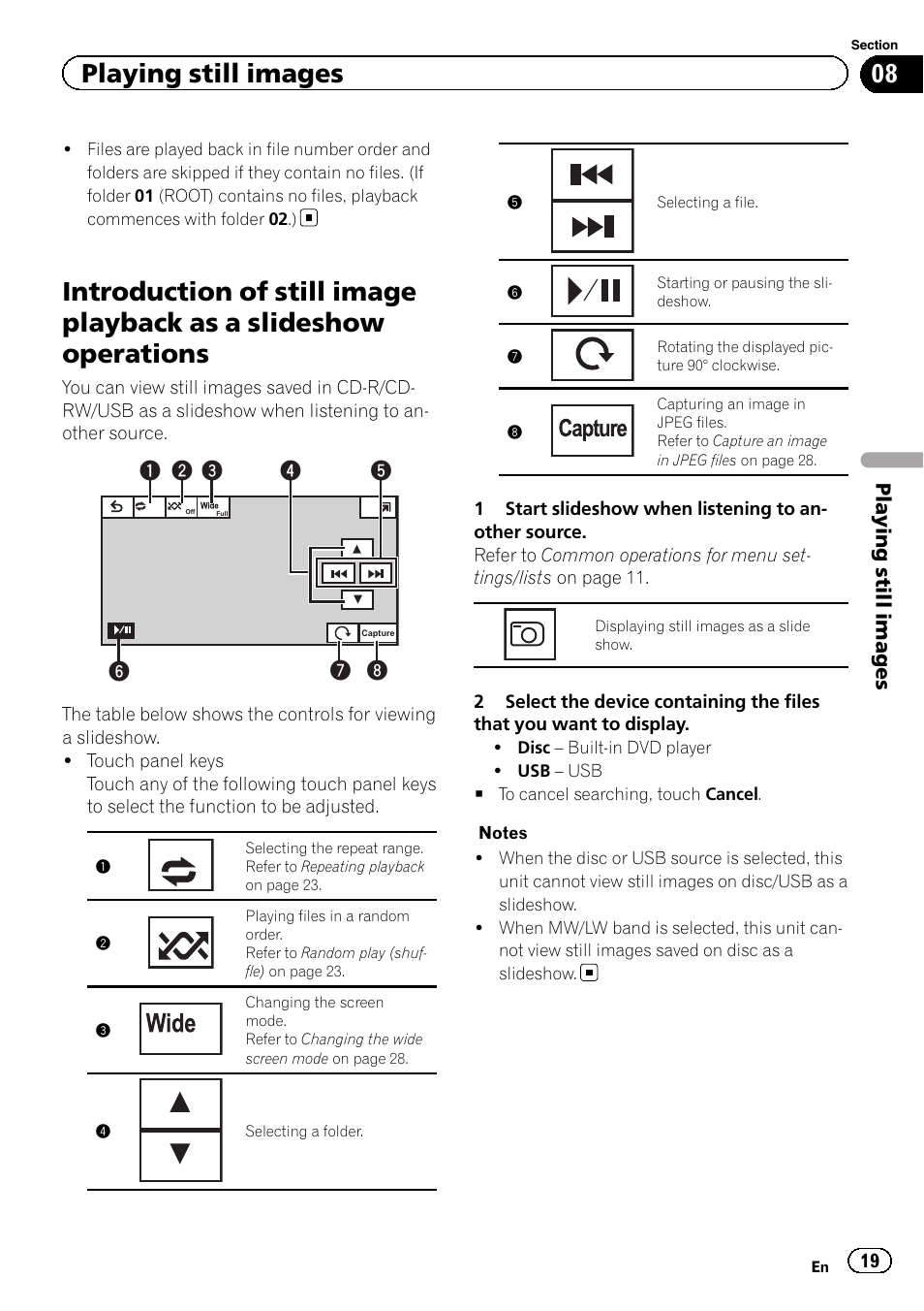 Introduction of still image playback as a, Slideshow operations, Playing still images | Pioneer AVH-2300DVD User Manual | Page 19 / 64