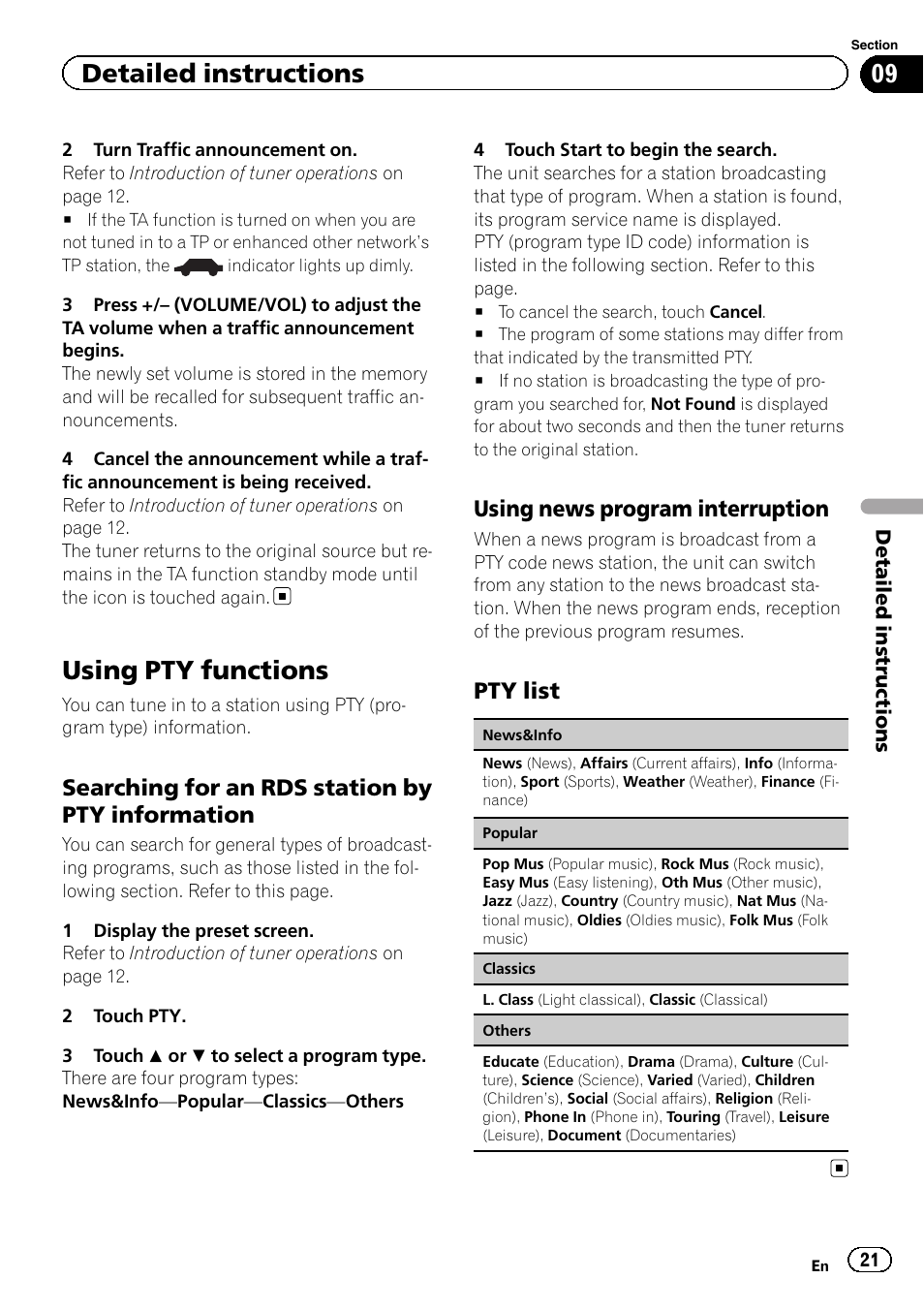 Using pty functions, Detailed instructions, Searching for an rds station by pty information | Using news program interruption, Pty list | Pioneer AVH-2300DVD User Manual | Page 21 / 64
