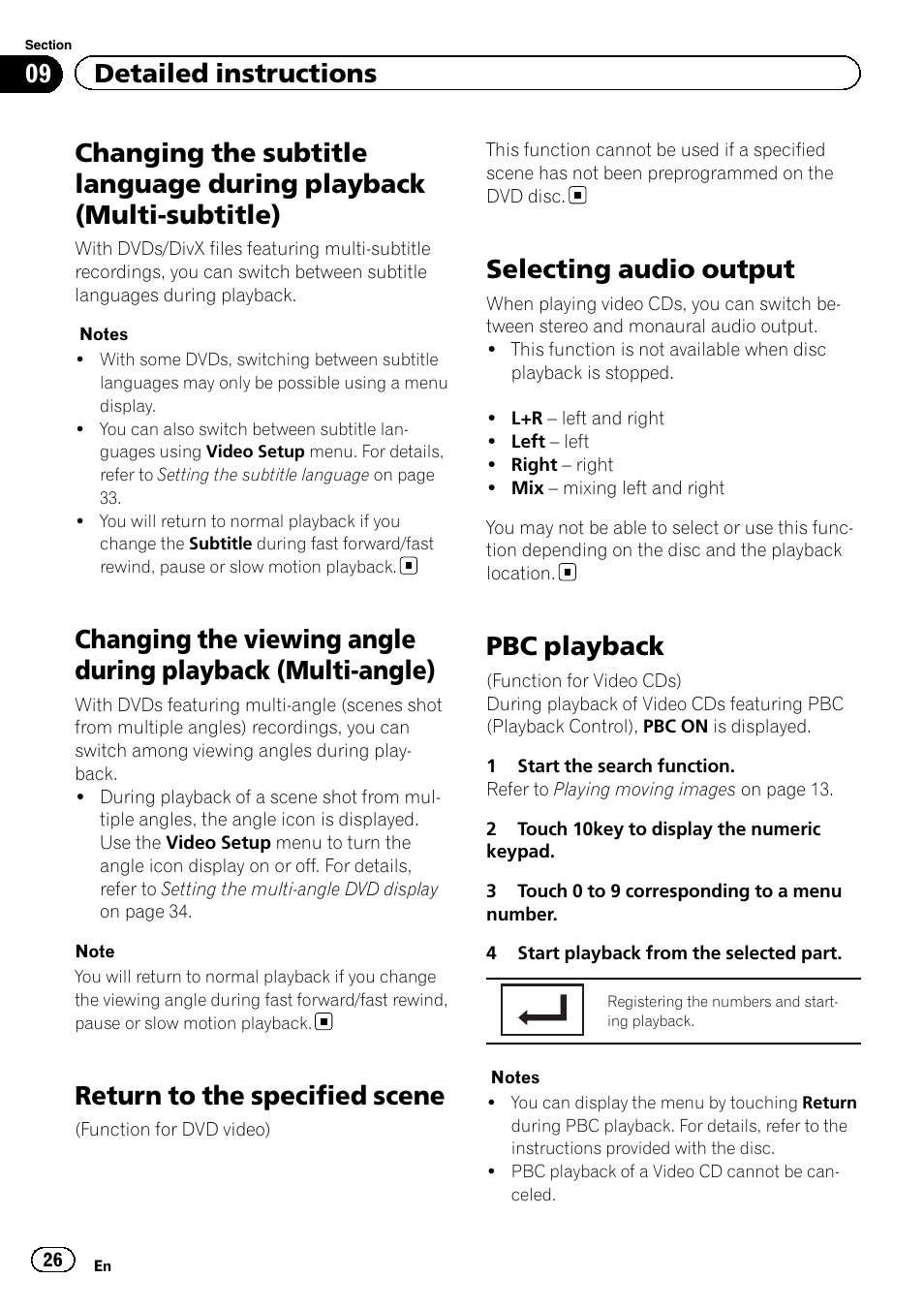 Changing the subtitle language during, Playback (multi-subtitle), Changing the viewing angle during playback | Multi-angle), Return to the specified scene, Selecting audio output, Pbc playback, 09 detailed instructions | Pioneer AVH-2300DVD User Manual | Page 26 / 64