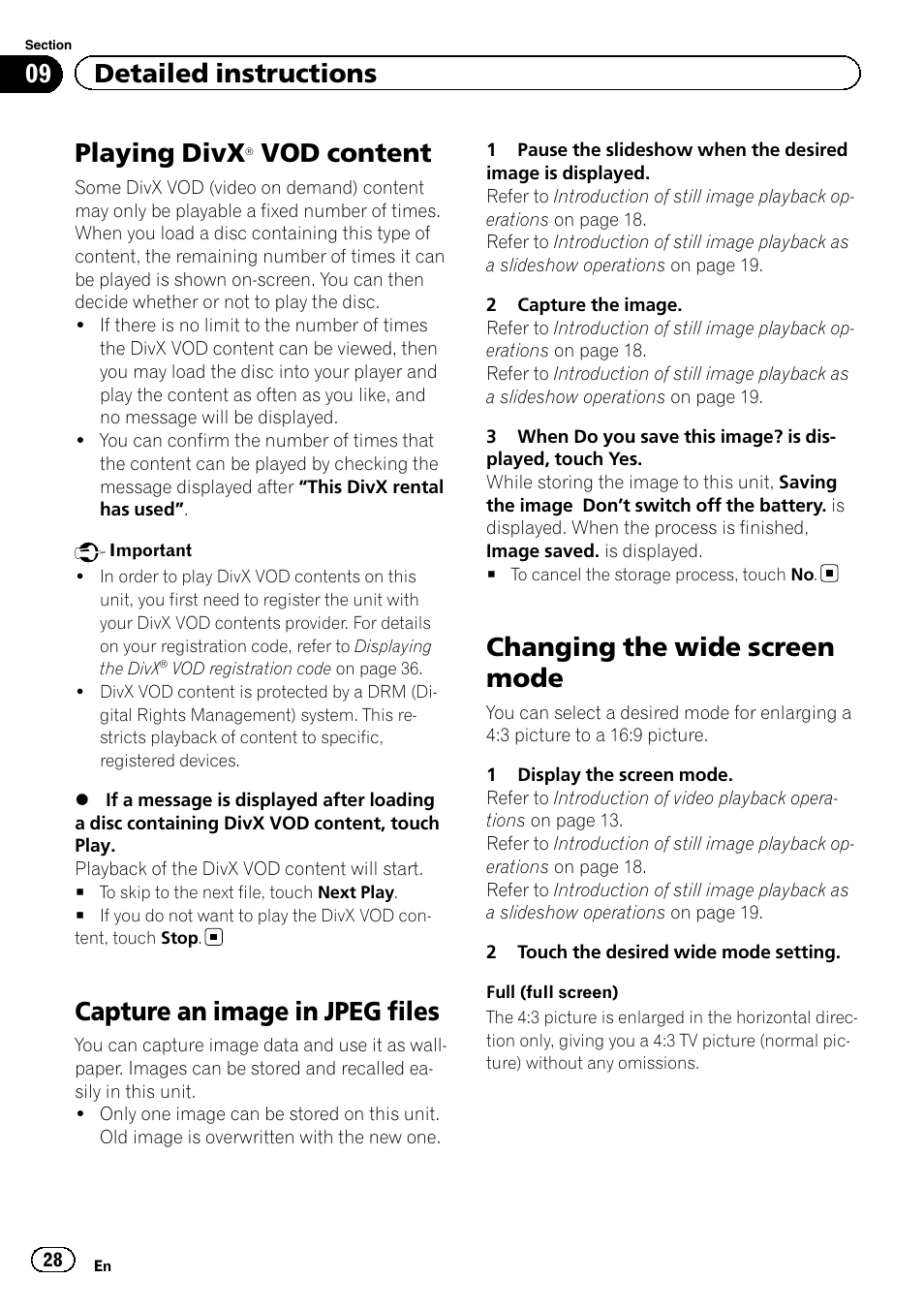 Playing divx, Â vod content 28, Capture an image in jpeg files | Changing the wide screen mode, Vod content, 09 detailed instructions | Pioneer AVH-2300DVD User Manual | Page 28 / 64
