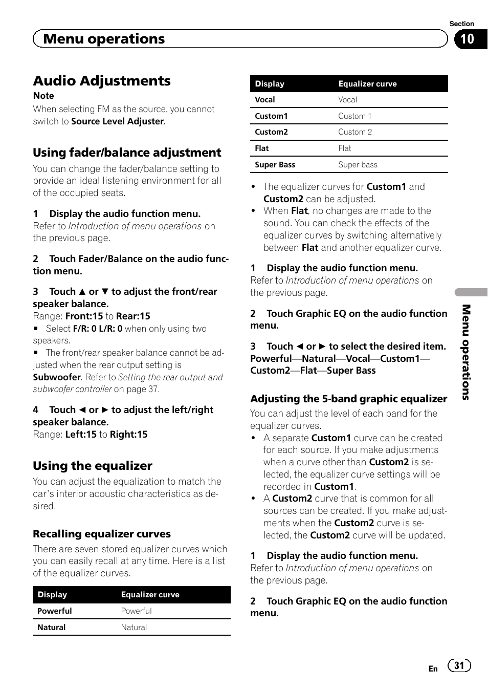 Audio adjustments, Menu operations, Using fader/balance adjustment | Using the equalizer | Pioneer AVH-2300DVD User Manual | Page 31 / 64